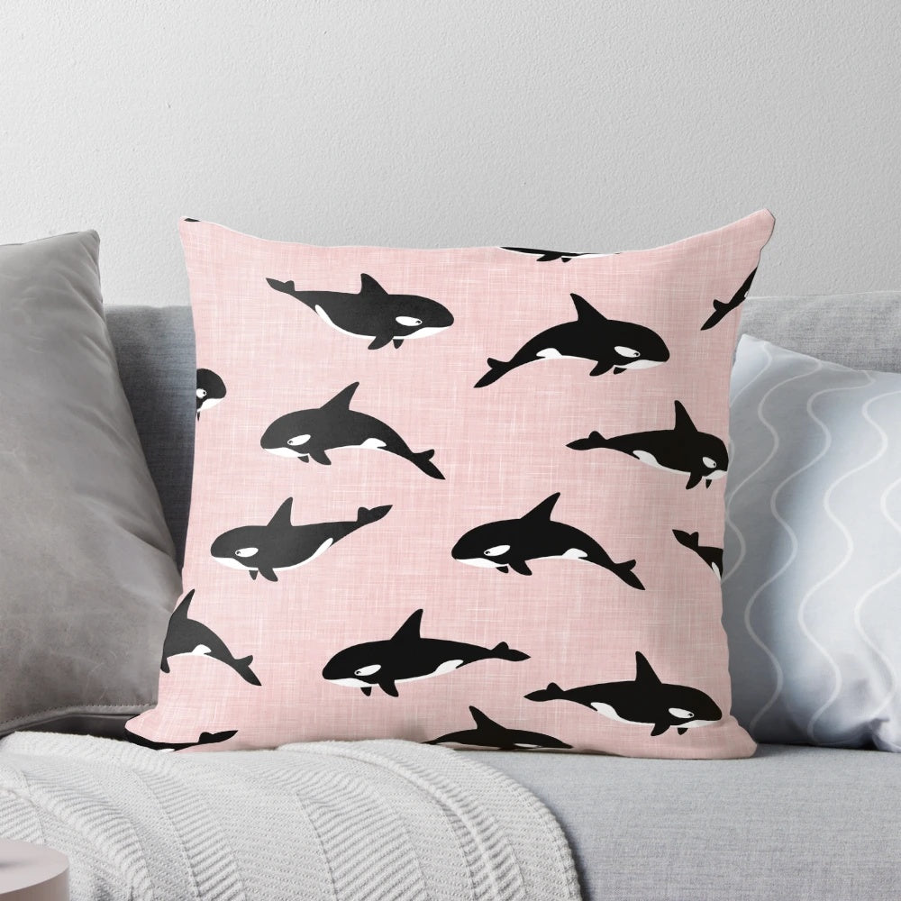 Orca killer whale decorative pillow with black and white striped design
