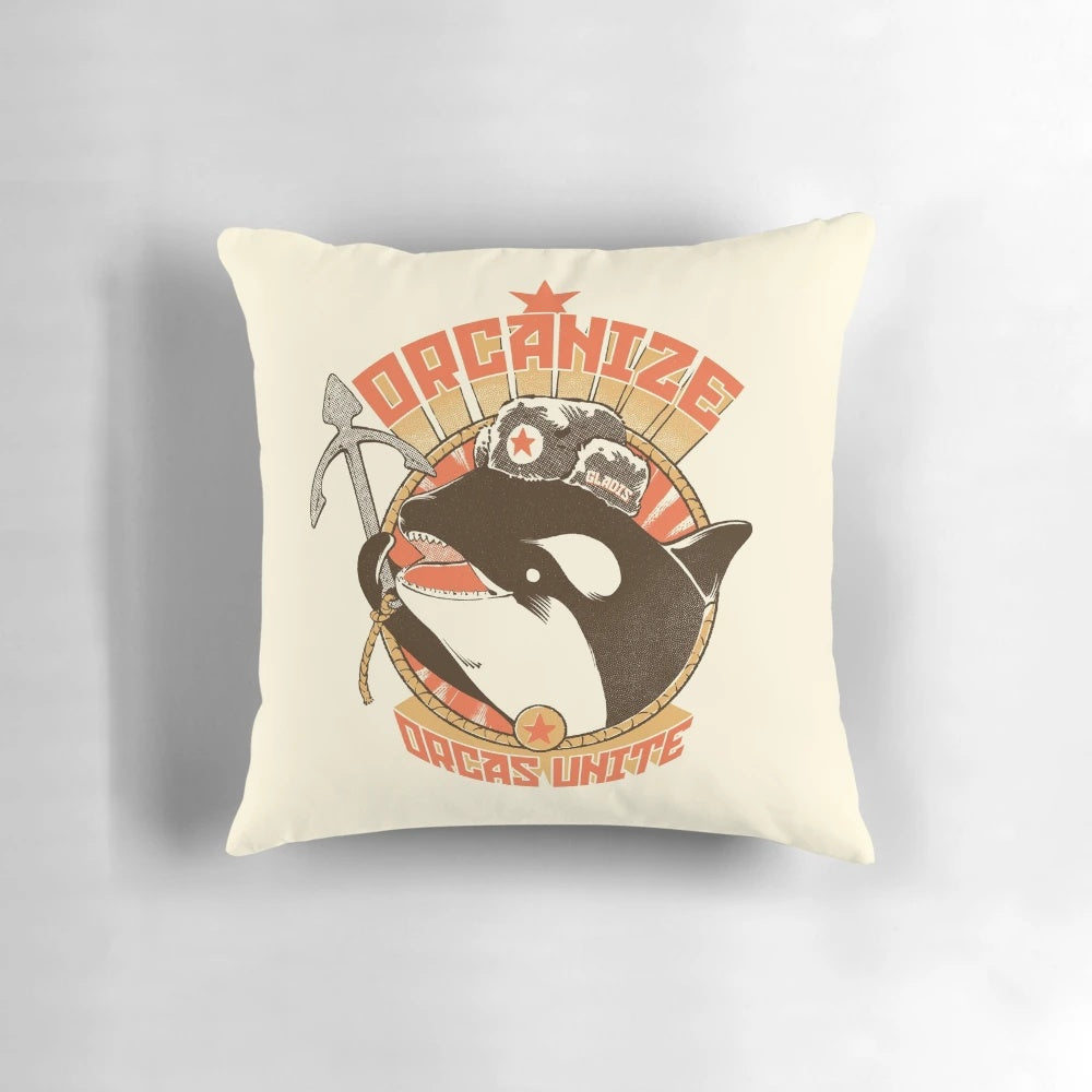 Plush Orcanize-branded pillow featuring a killer whale design