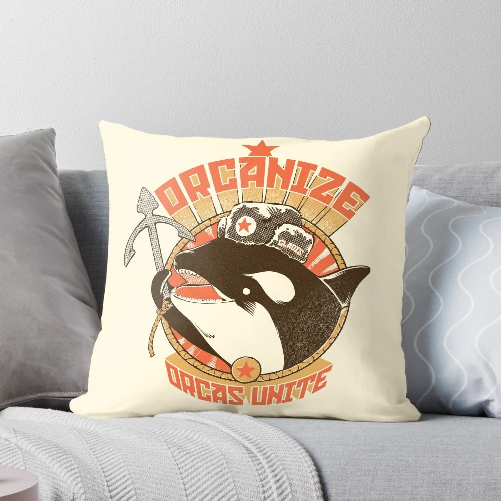 Plush Orcanize-branded pillow featuring a killer whale design