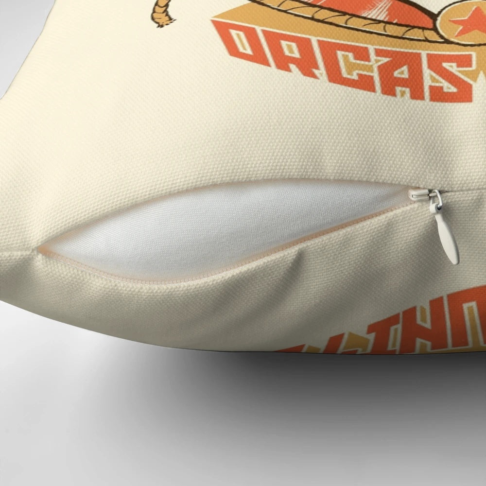 Plush Orcanize-branded pillow featuring a killer whale design