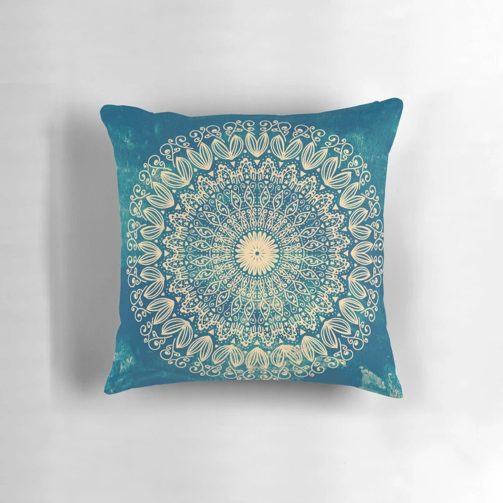 Organic boho style blue mandala print pillow with watercolor design