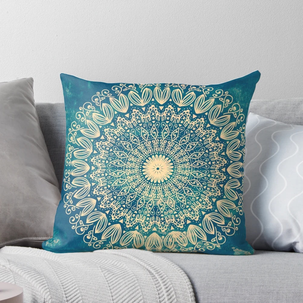 Organic boho style blue mandala print pillow with watercolor design