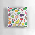 Colorful throw pillow featuring vibrant illustrations of assorted fruits and vegetables on a white background.