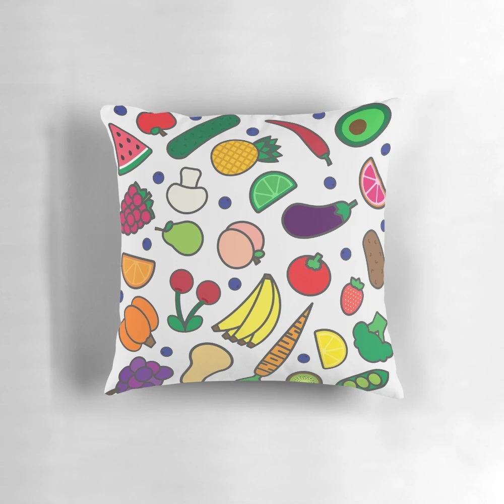 Colorful throw pillow featuring vibrant illustrations of assorted fruits and vegetables on a white background.