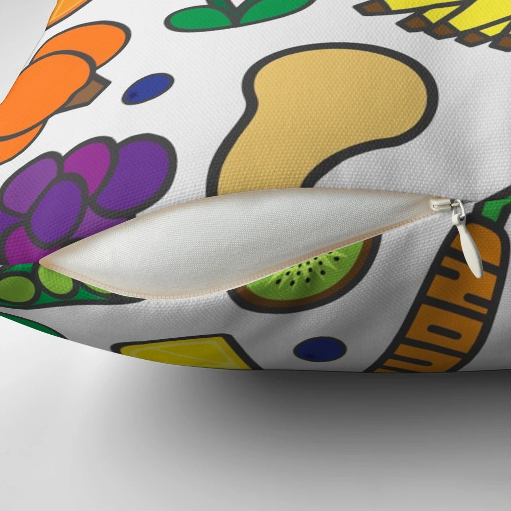 Colorful throw pillow featuring vibrant illustrations of assorted fruits and vegetables on a white background.