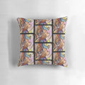 Organic, handmade Con Cuidado pillow with natural brown, lavender, and pink figures