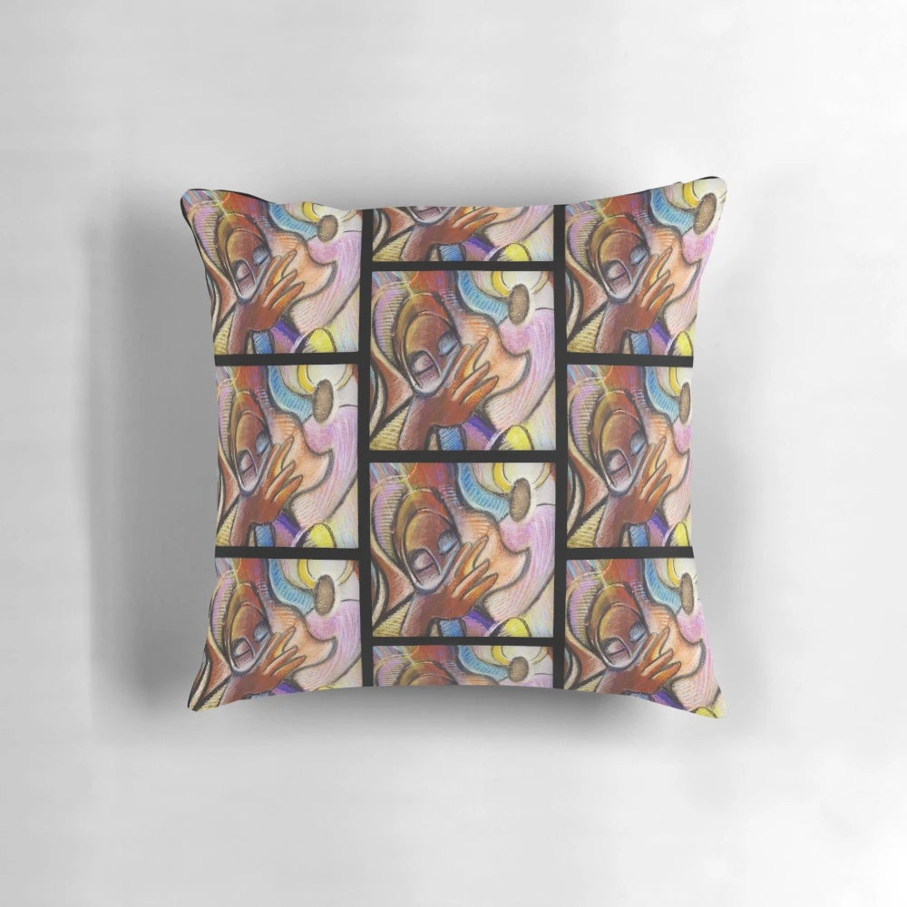 Organic, handmade Con Cuidado pillow with natural brown, lavender, and pink figures