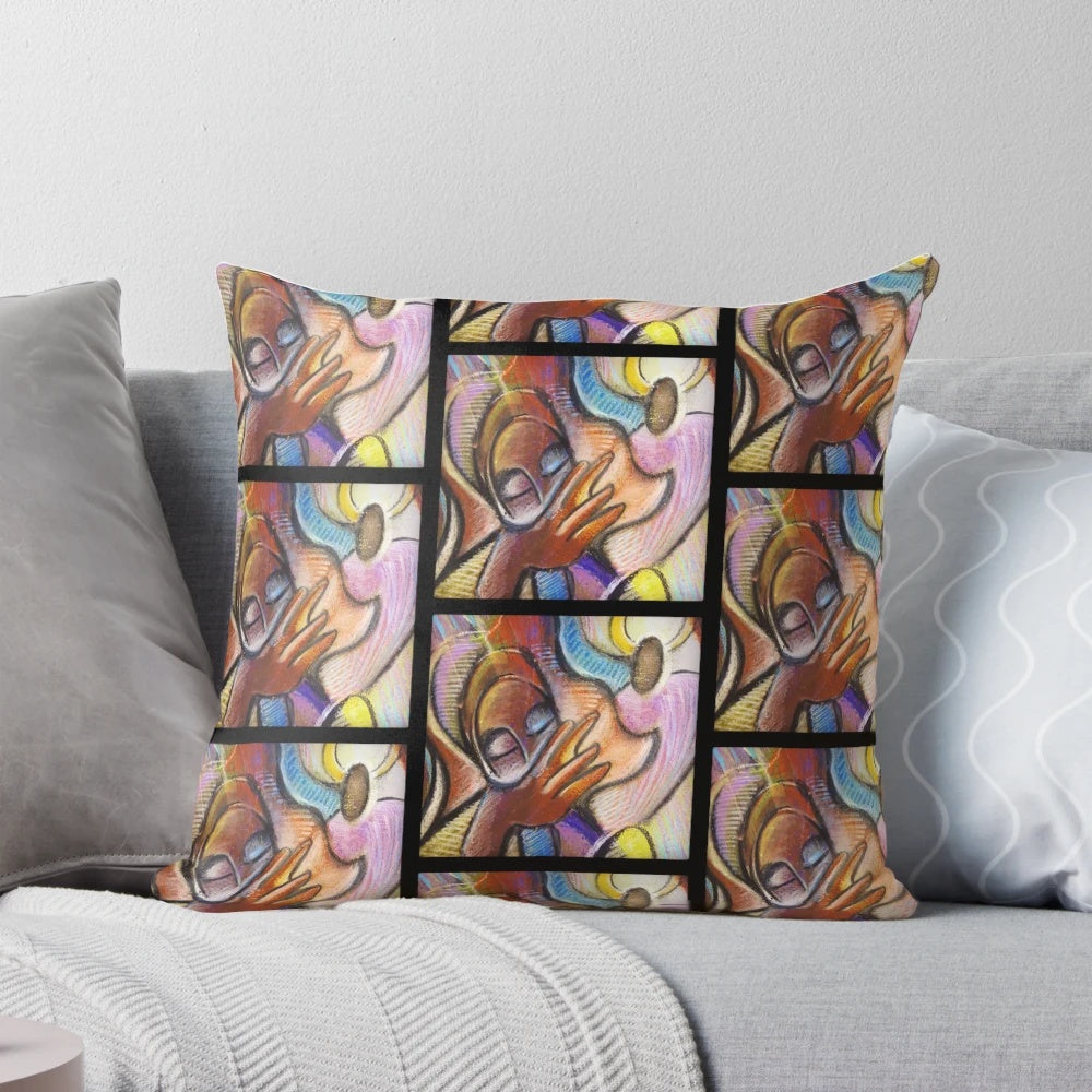 Organic, handmade Con Cuidado pillow with natural brown, lavender, and pink figures