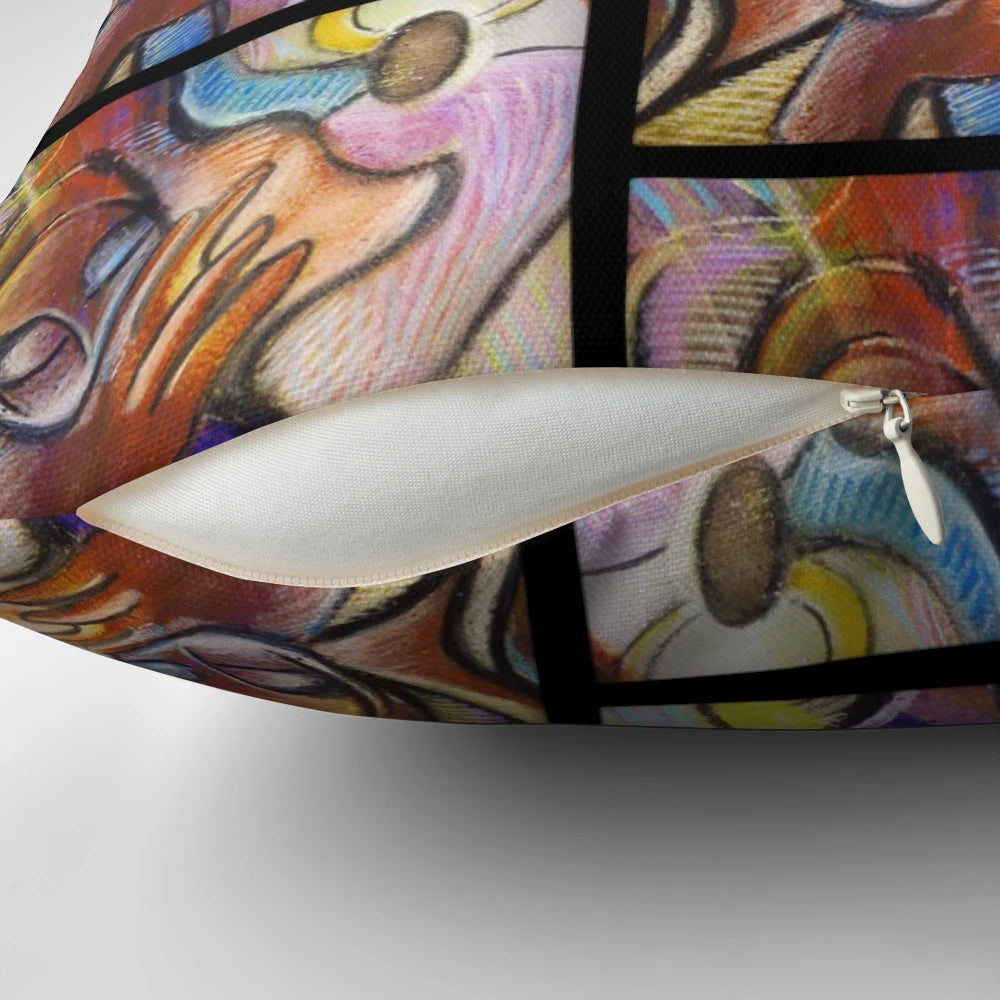 Organic, handmade Con Cuidado pillow with natural brown, lavender, and pink figures