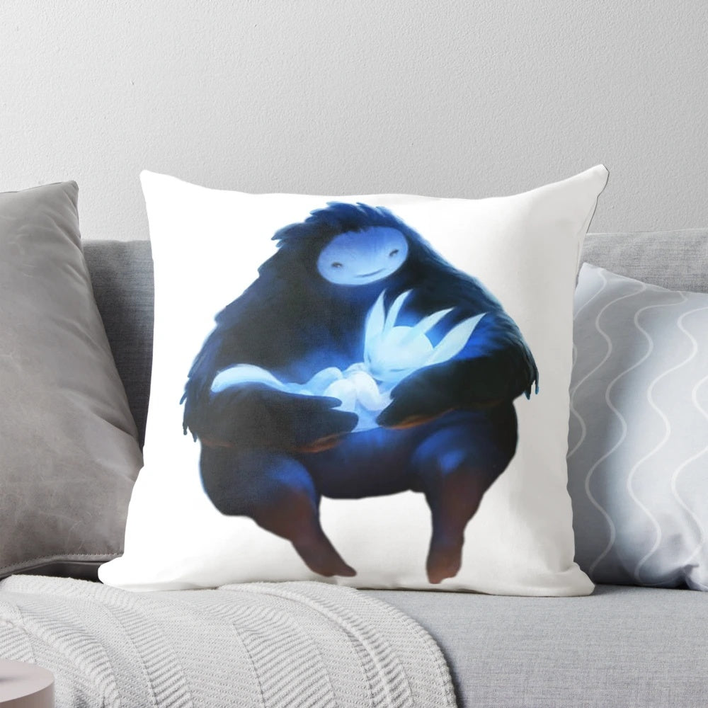 Ori and the Blind Forest art Pillow featuring the main character Ori and the forest environment from the video game