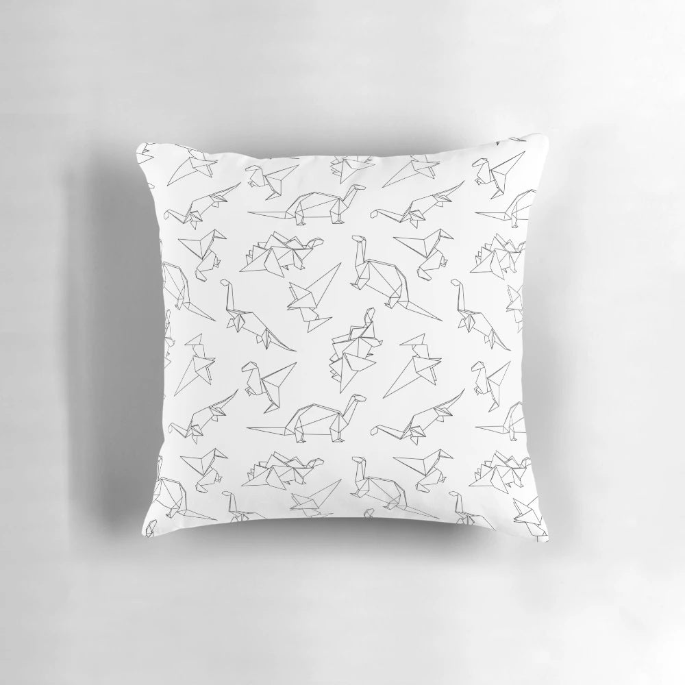 Origami dinosaur-inspired geometric pattern pillow in black and white