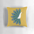 Ornamental peacock design on a gold-colored decorative pillow, perfect for holiday and winter home decor