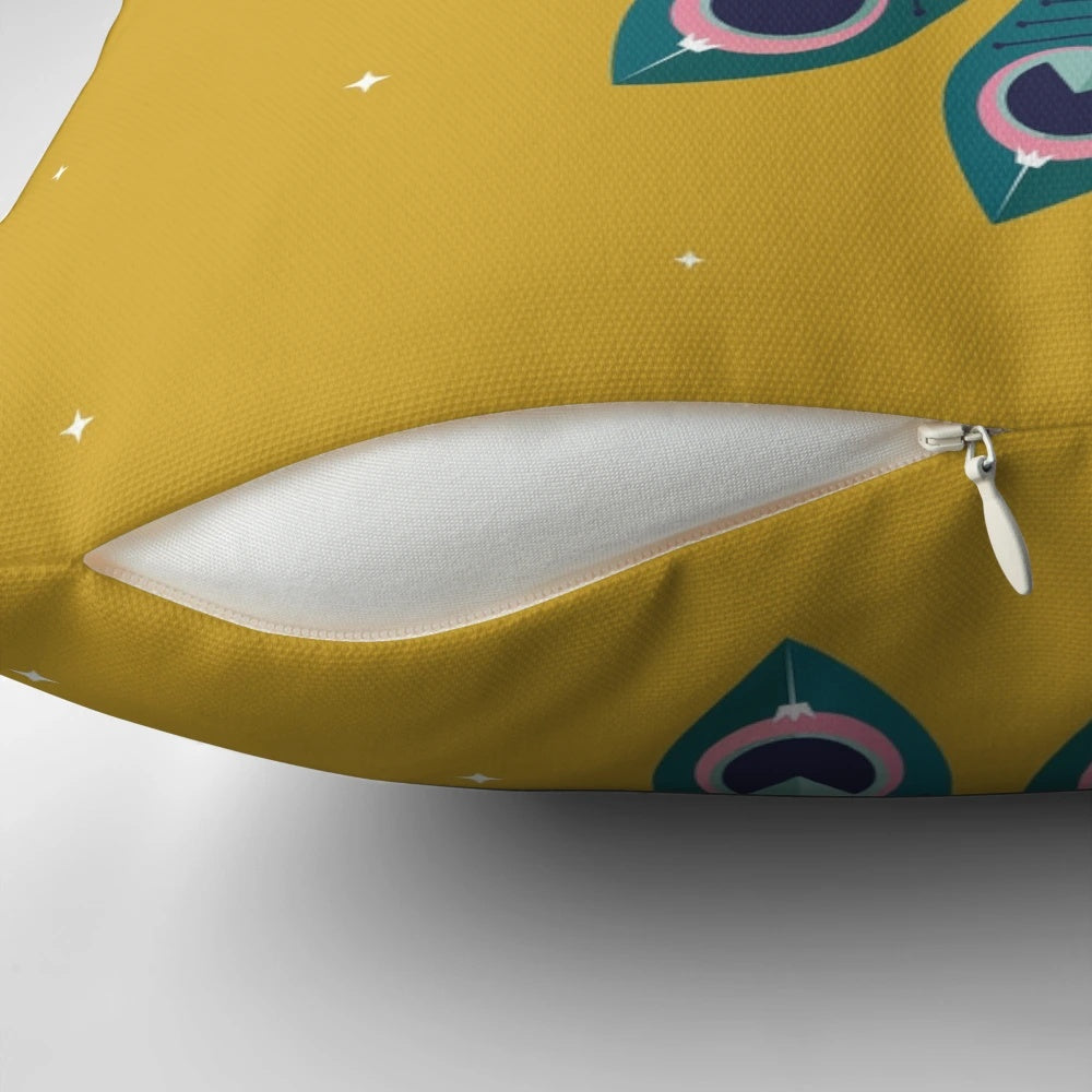 Ornamental peacock design on a gold-colored decorative pillow, perfect for holiday and winter home decor