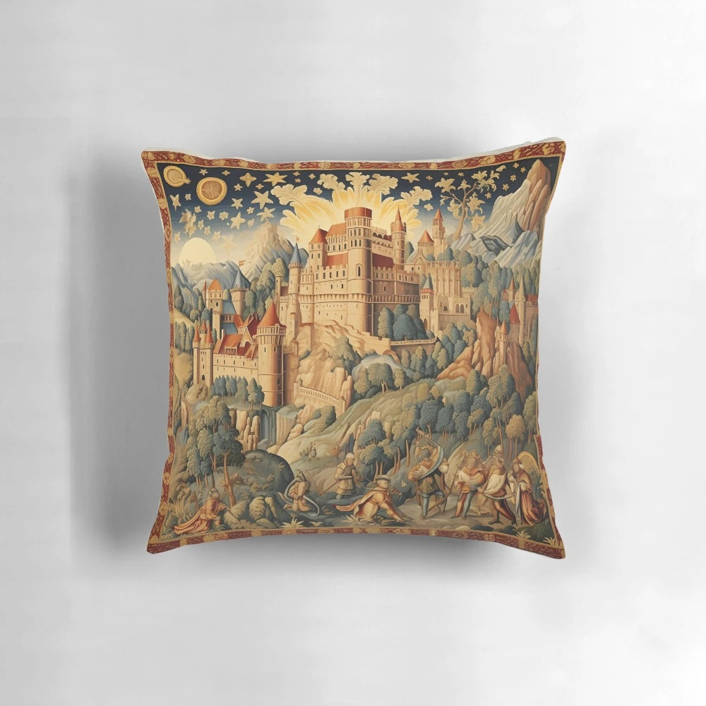 Ornate medieval castle-themed decorative throw pillow with knights, princesses, and other renaissance elements