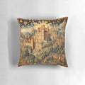 Ornate medieval castle-themed decorative throw pillow with knights, princesses, and other renaissance elements