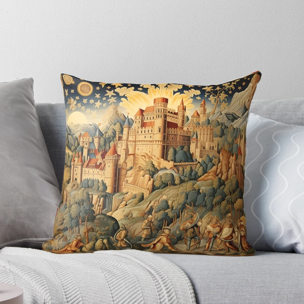 Ornate medieval castle-themed decorative throw pillow with knights, princesses, and other renaissance elements