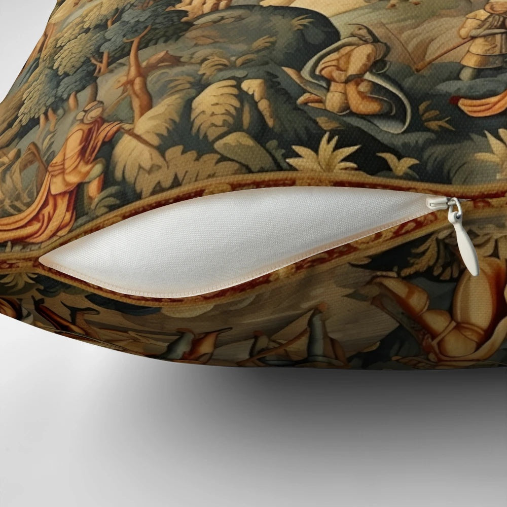 Ornate medieval castle-themed decorative throw pillow with knights, princesses, and other renaissance elements