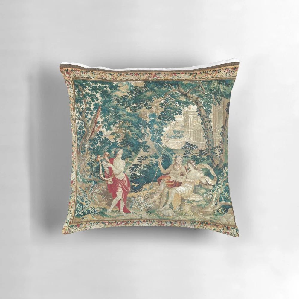 Woven pillow featuring the ancient Greek myth of Orpheus playing his lyre to Hades and Persephone in the Underworld