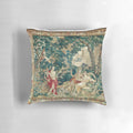 Woven pillow featuring the ancient Greek myth of Orpheus playing his lyre to Hades and Persephone in the Underworld