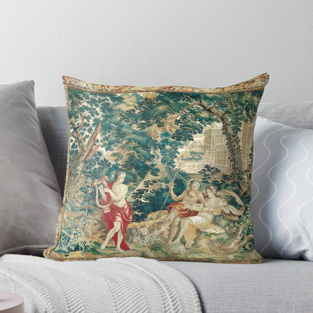 Woven pillow featuring the ancient Greek myth of Orpheus playing his lyre to Hades and Persephone in the Underworld