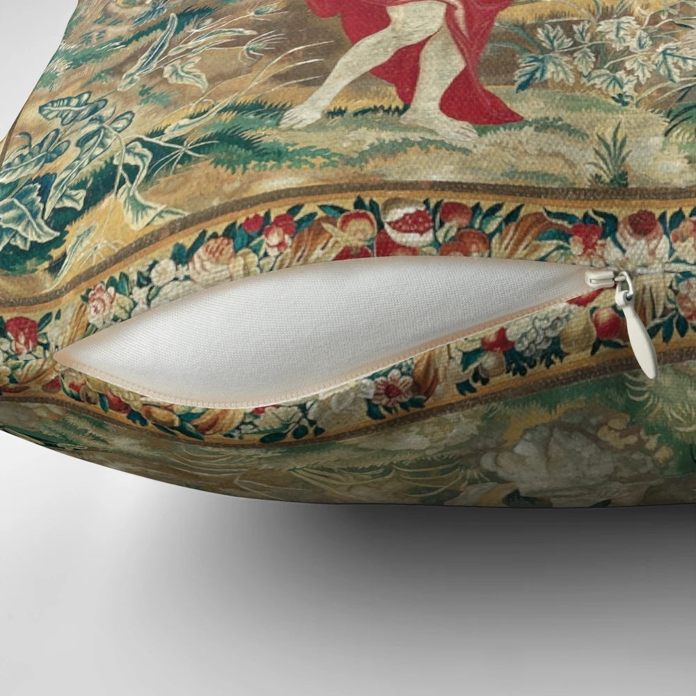 Woven pillow featuring the ancient Greek myth of Orpheus playing his lyre to Hades and Persephone in the Underworld