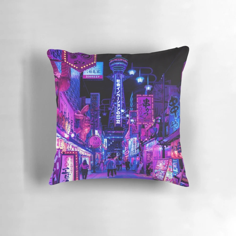 Vibrant Osaka City anime-style pillow featuring neon lights, shopping streets, and futuristic urban landscapes.