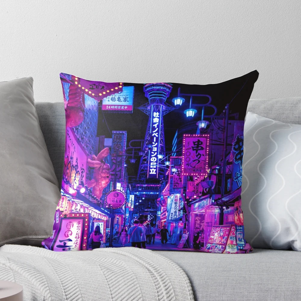 Vibrant Osaka City anime-style pillow featuring neon lights, shopping streets, and futuristic urban landscapes.