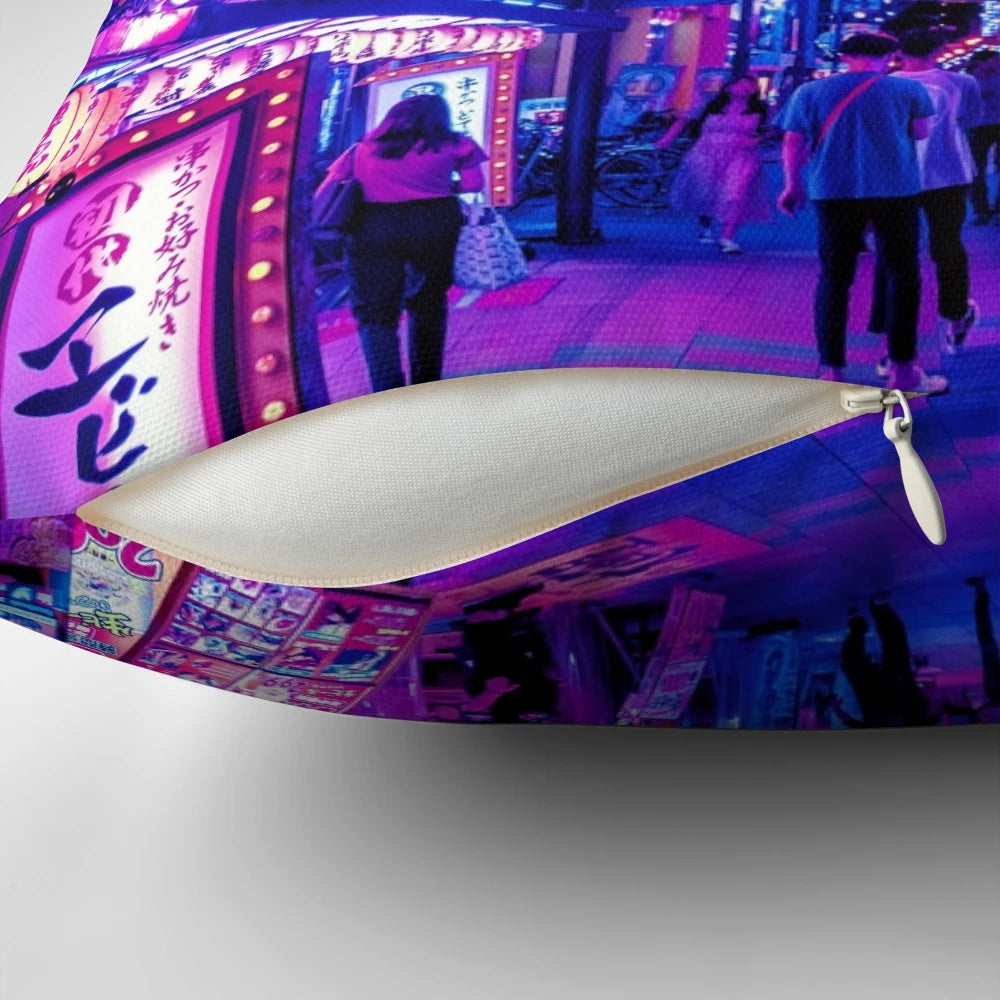Vibrant Osaka City anime-style pillow featuring neon lights, shopping streets, and futuristic urban landscapes.