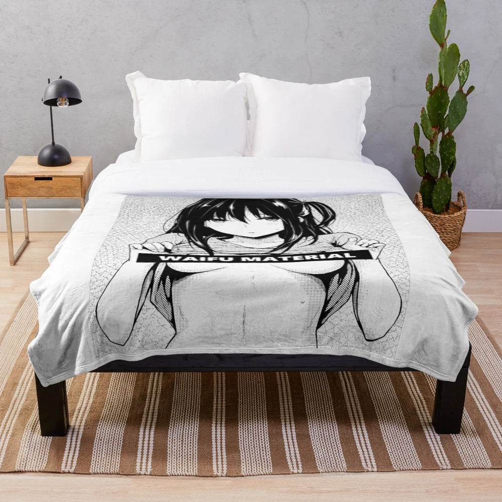 Plush blanket with erotic anime-inspired illustrations and cosplay-themed neko girl motif