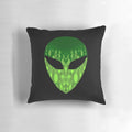 Vibrant green alien head pillow with striking black and fluorescent details