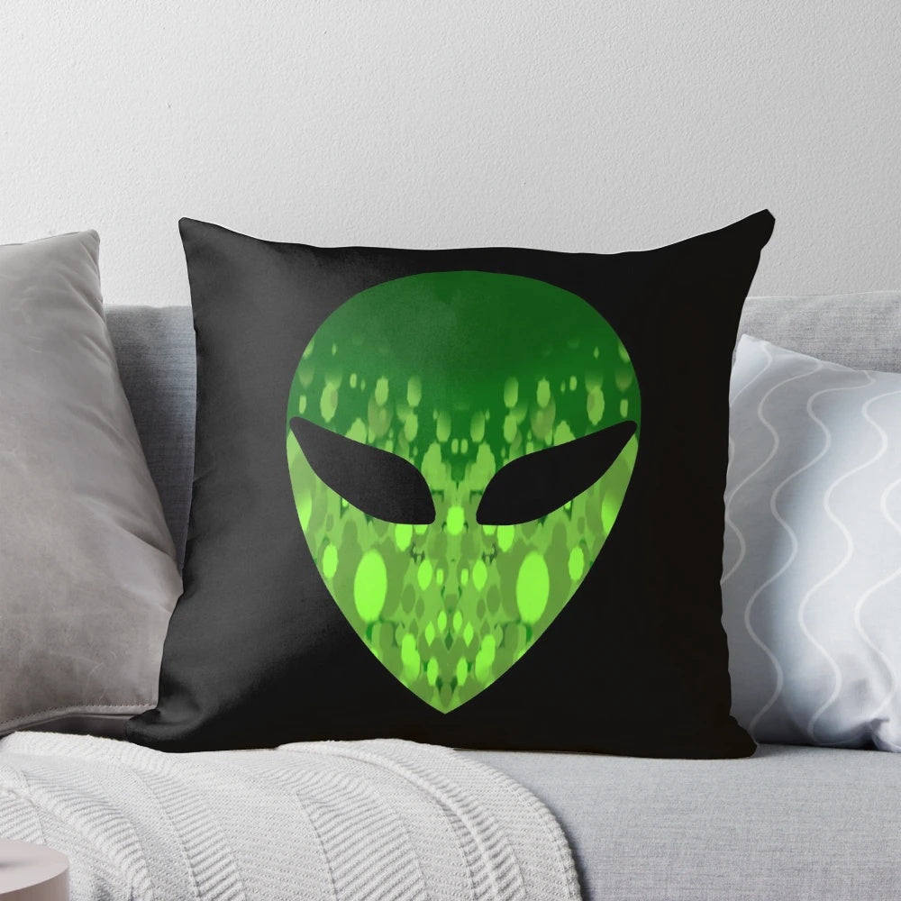 Vibrant green alien head pillow with striking black and fluorescent details
