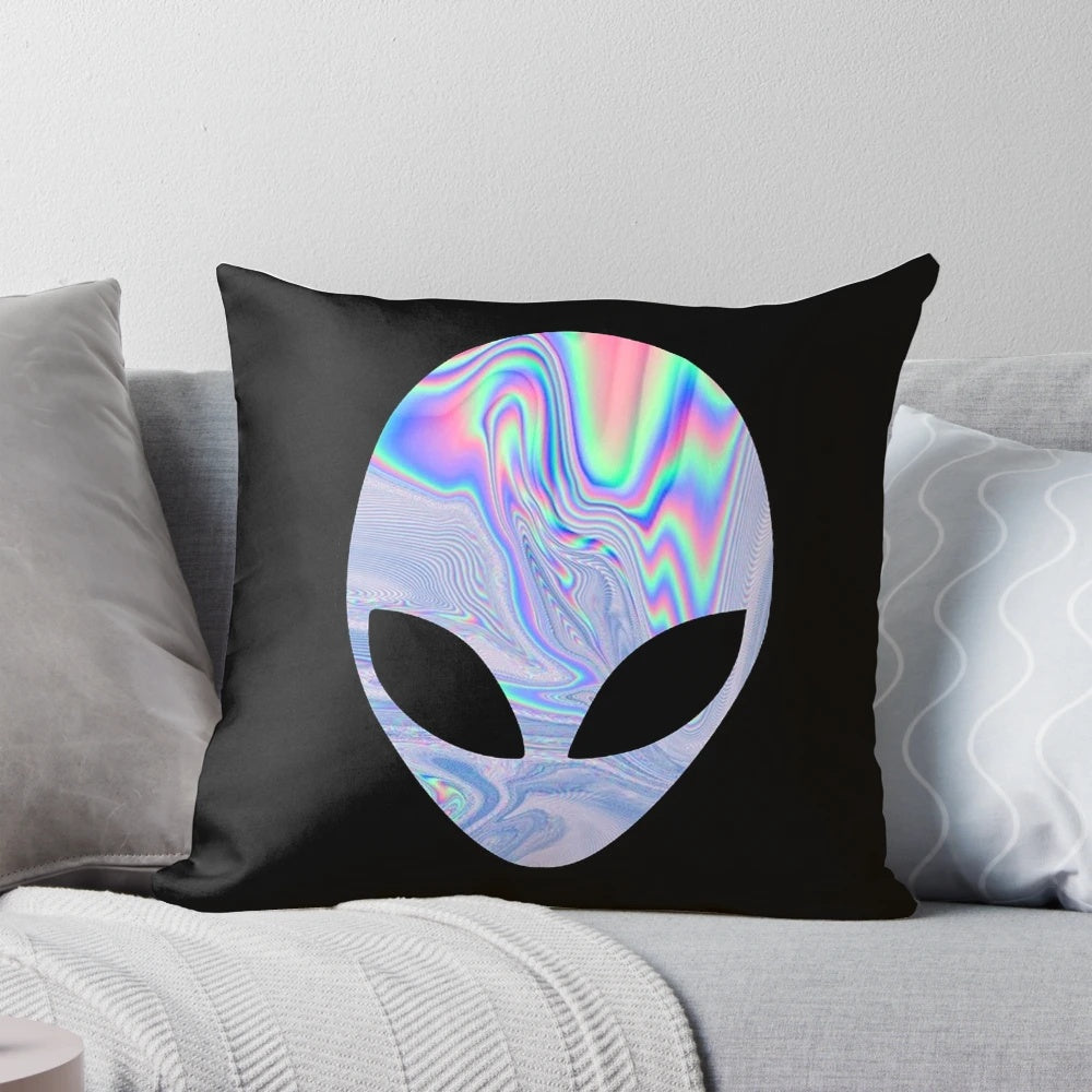 Vibrant pillow with an extraterrestrial design, perfect for adding a touch of the cosmic to any space.