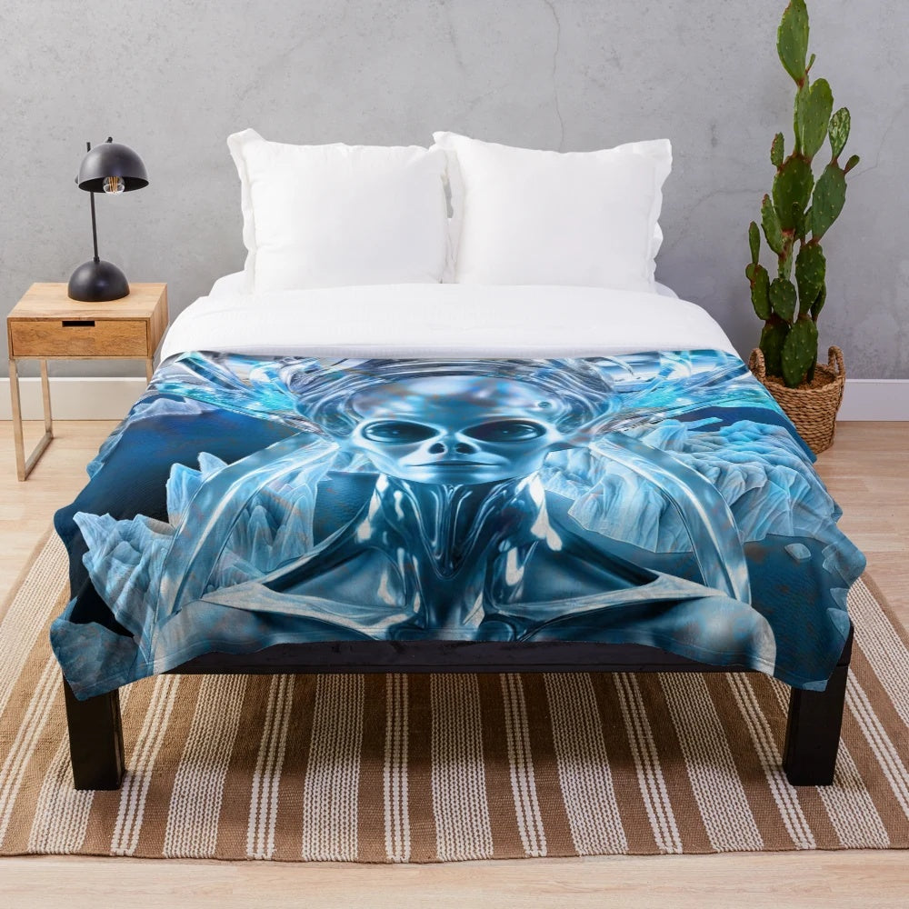 Colorful alien-themed plush blanket with sci-fi and fantasy design