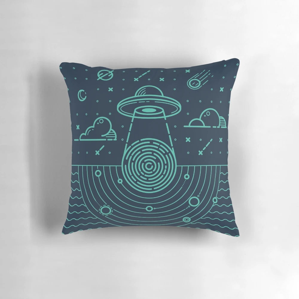 Pillow featuring a mystical UFO in the night sky, perfect for sci-fi lovers
