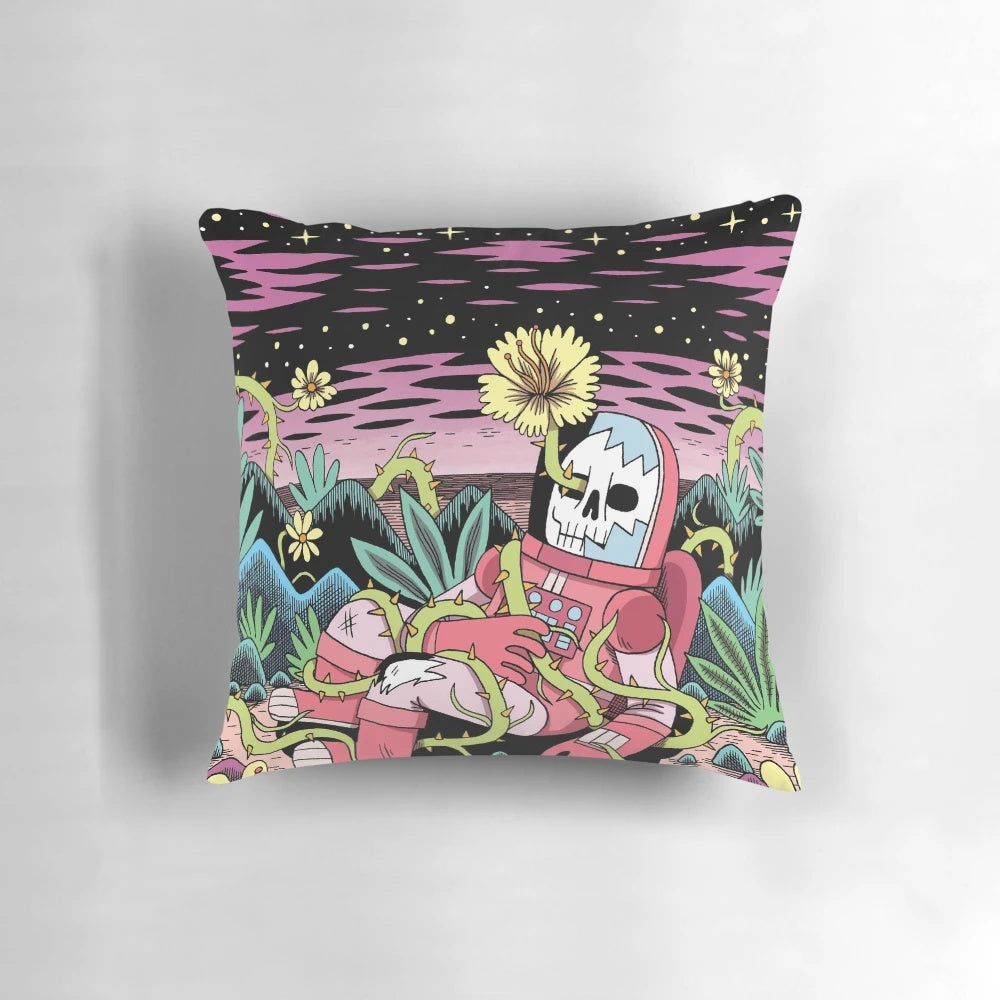 A decorative pillow featuring a whimsical, sci-fi inspired flower design.