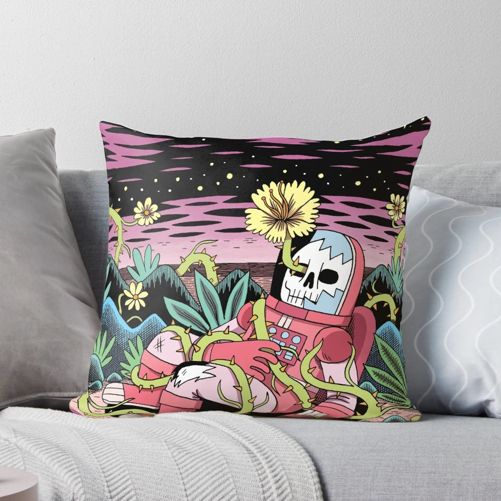 A decorative pillow featuring a whimsical, sci-fi inspired flower design.