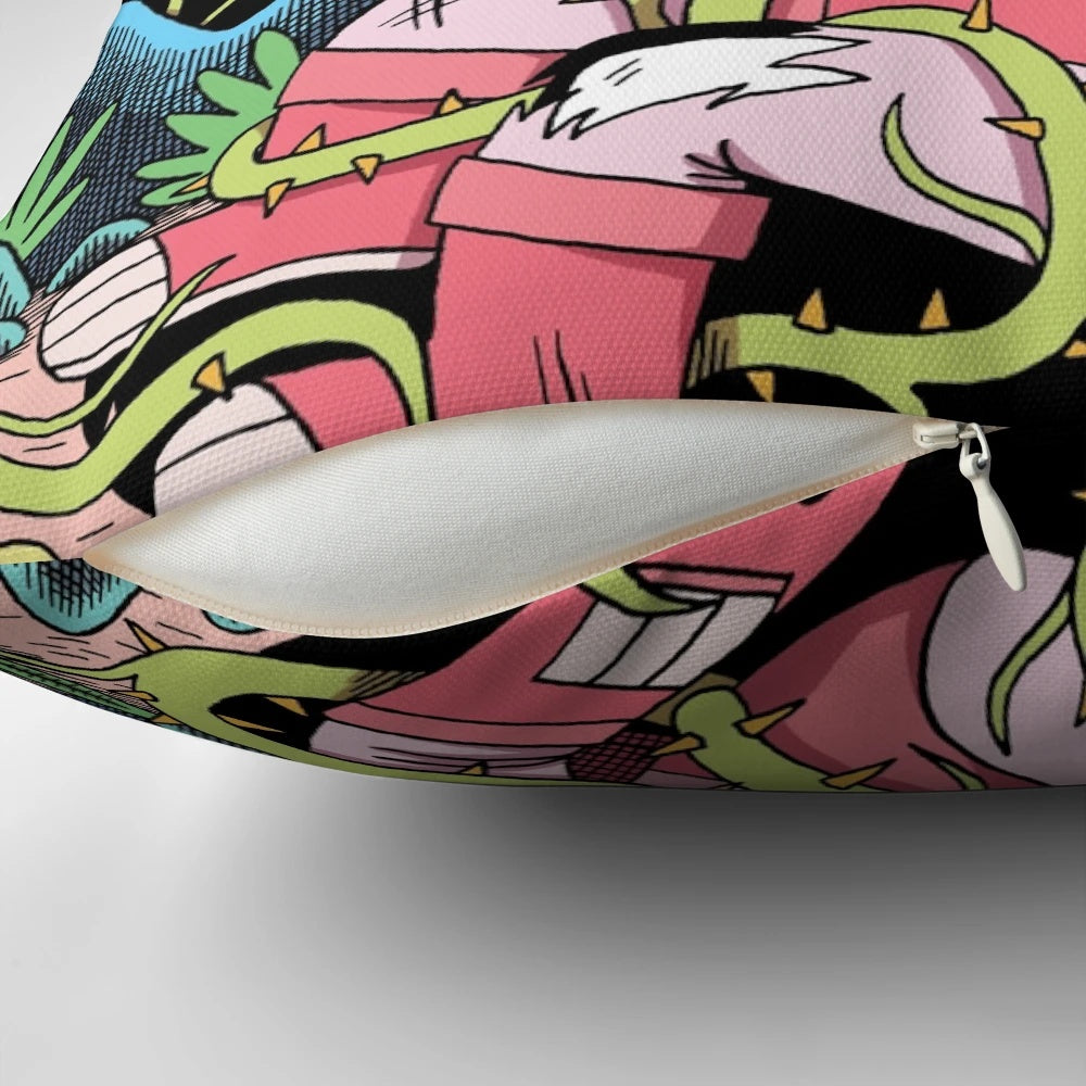 A decorative pillow featuring a whimsical, sci-fi inspired flower design.