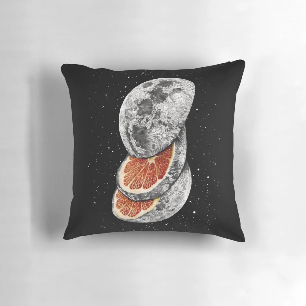 Unique and vibrant pillow featuring a surreal lunar fruit design, perfect for sci-fi and space lovers.