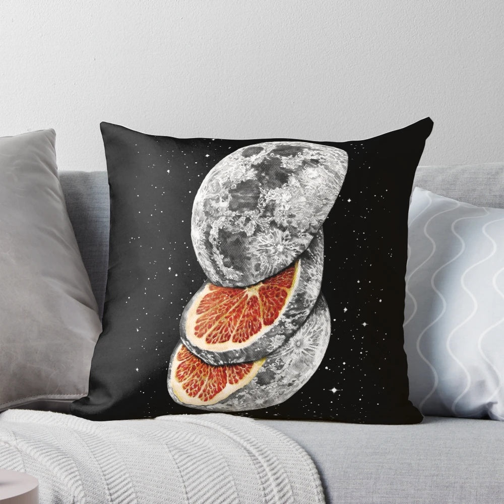 Unique and vibrant pillow featuring a surreal lunar fruit design, perfect for sci-fi and space lovers.
