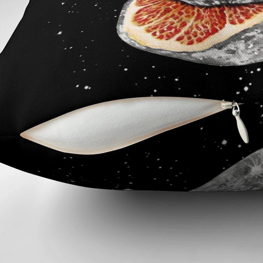 Unique and vibrant pillow featuring a surreal lunar fruit design, perfect for sci-fi and space lovers.