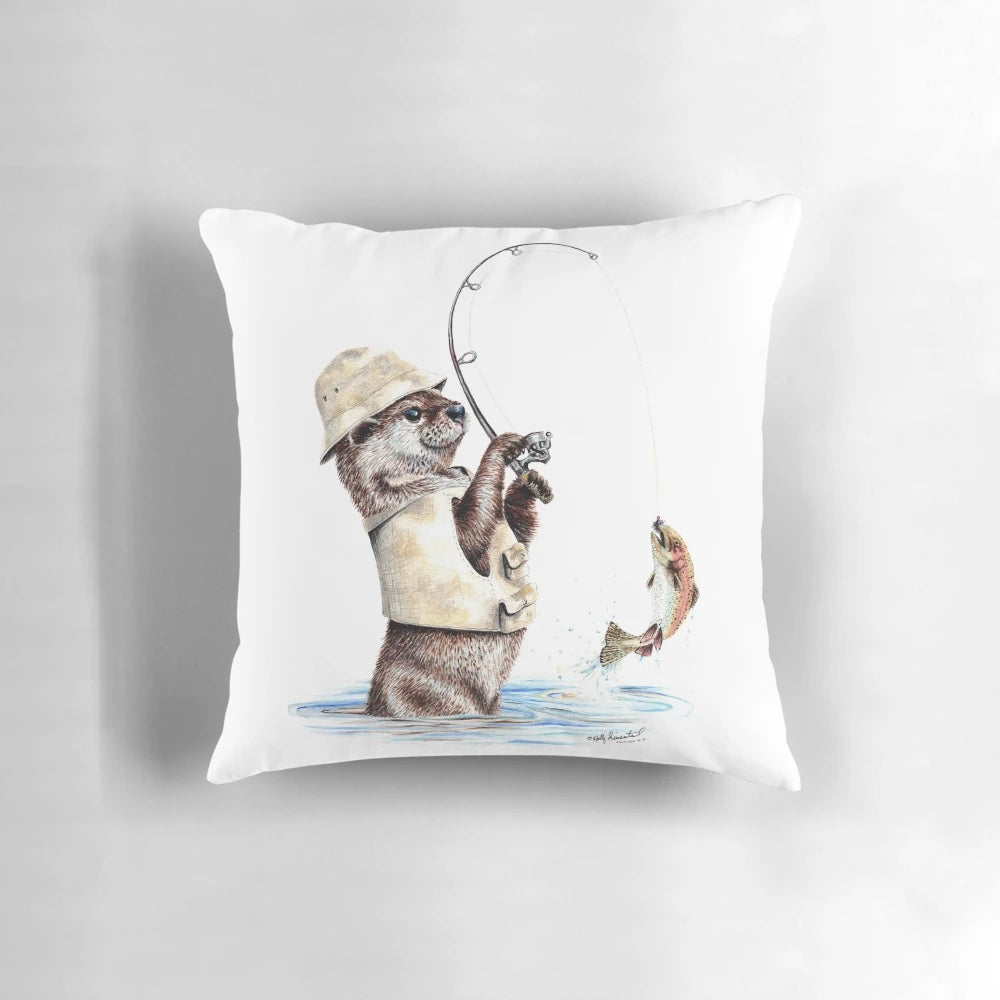 Watercolor illustration of an otter fishing for trout in a river