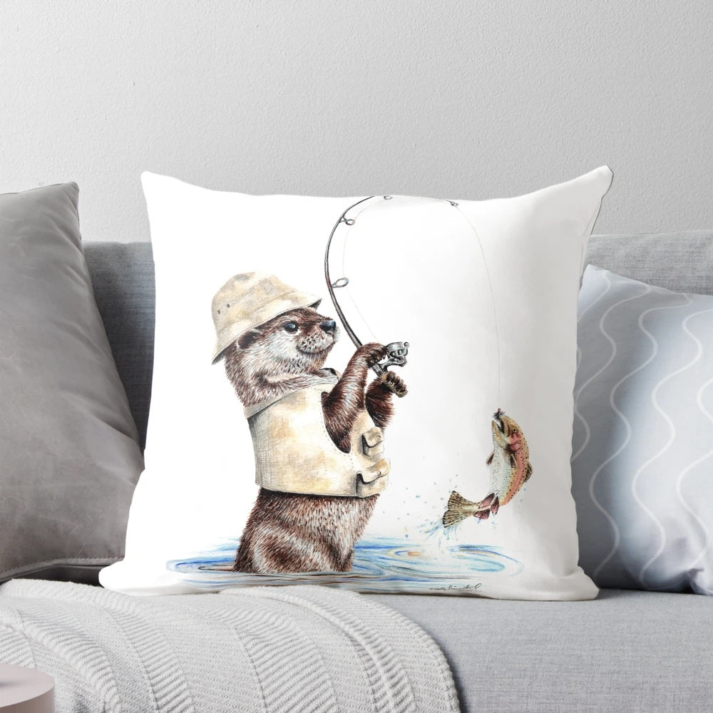 Watercolor illustration of an otter fishing for trout in a river