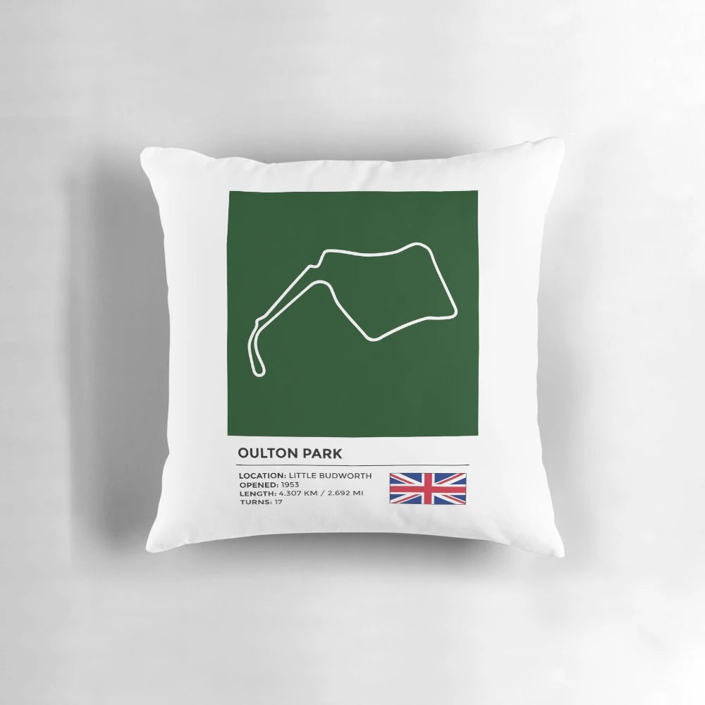 Oulton Park racing circuit pillow featuring iconic motorsport track