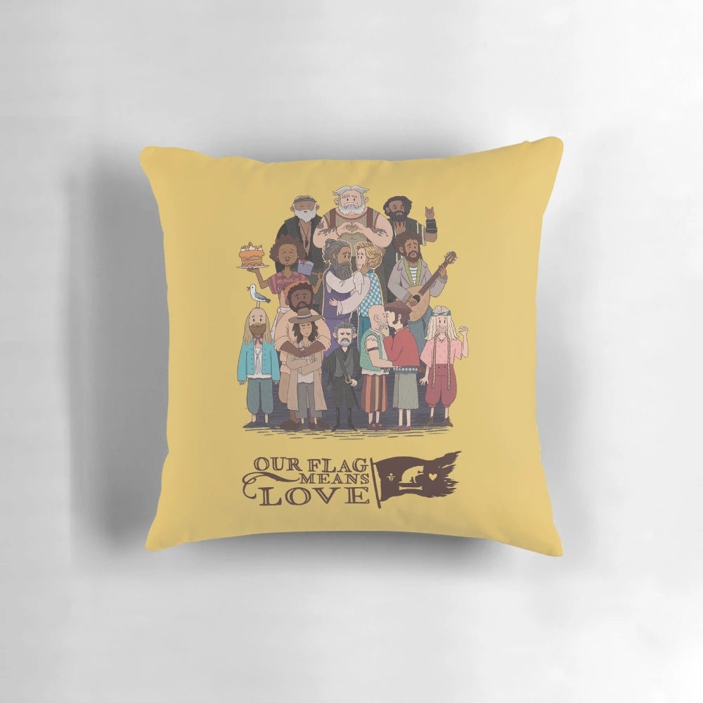 Our Flag Means Death and Love Themed Pillow with Images of Stede Bonnet, Edward Teach, Blackbeard, and Other Characters