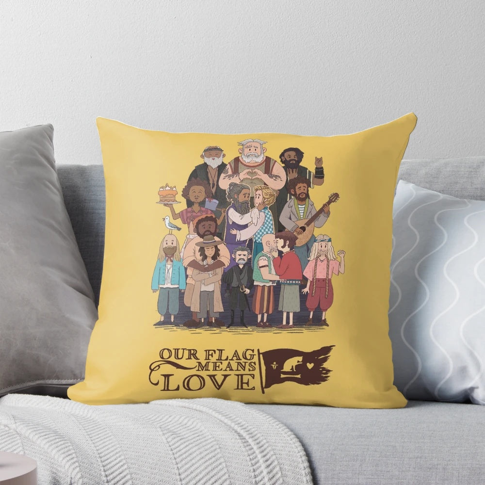 Our Flag Means Death and Love Themed Pillow with Images of Stede Bonnet, Edward Teach, Blackbeard, and Other Characters