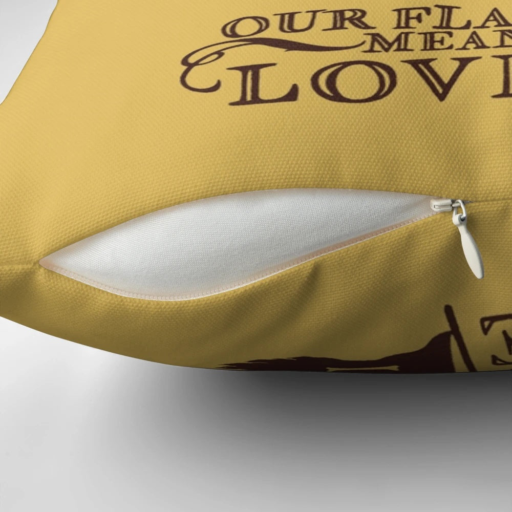 Our Flag Means Death and Love Themed Pillow with Images of Stede Bonnet, Edward Teach, Blackbeard, and Other Characters