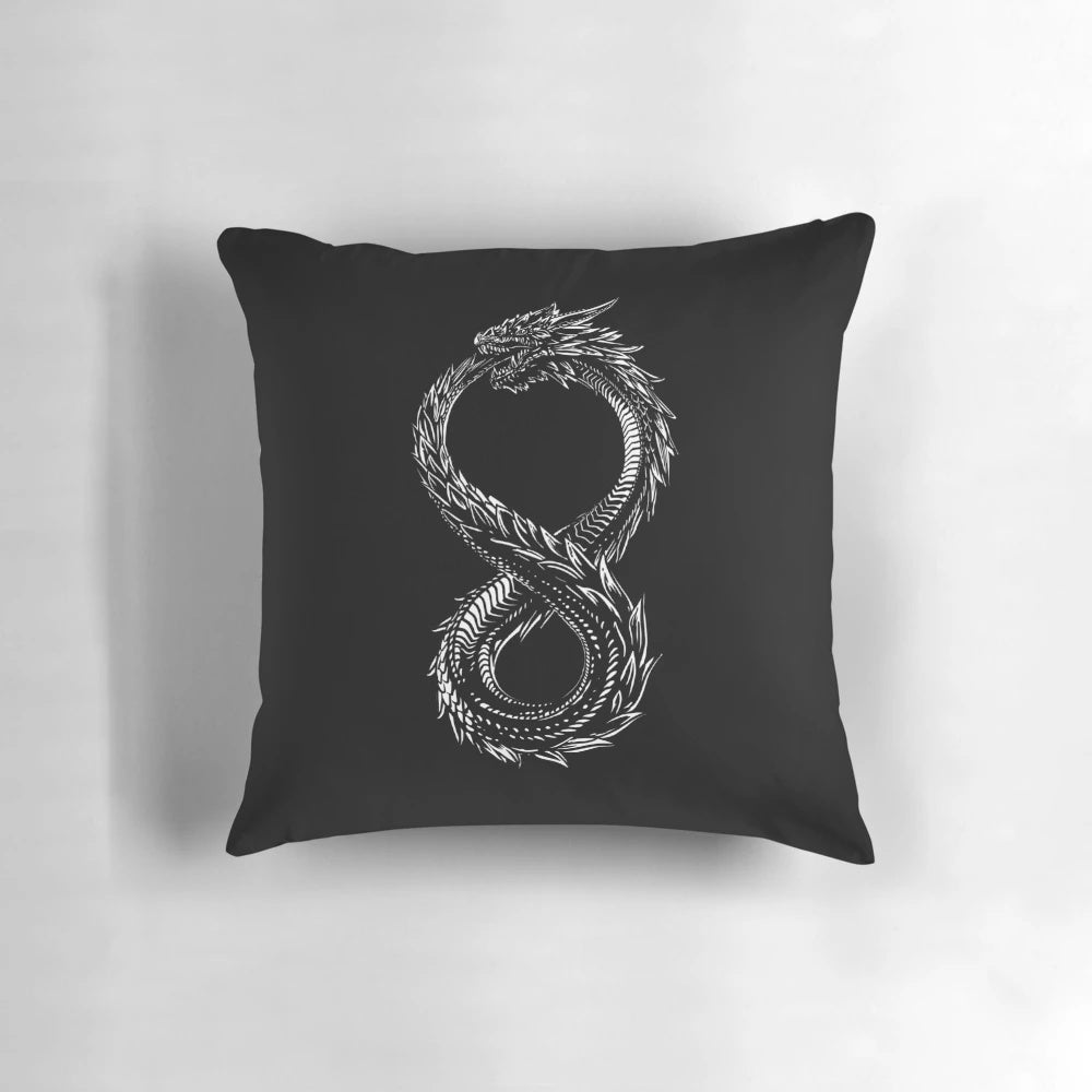 Ouroboros pillow featuring a detailed illustration of the mythical ouroboros snake devouring its own tail, symbolizing the cyclical nature of life.