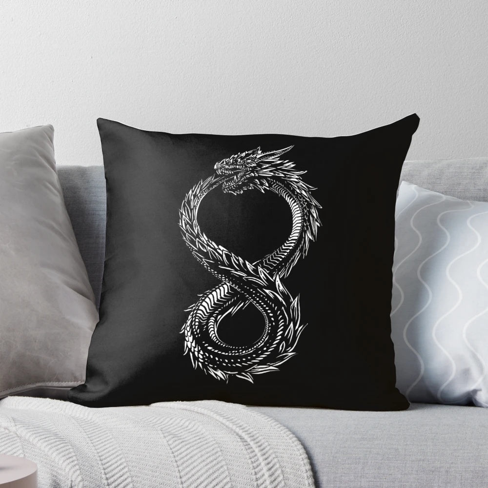 Ouroboros pillow featuring a detailed illustration of the mythical ouroboros snake devouring its own tail, symbolizing the cyclical nature of life.
