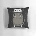 A cozy and whimsical space cat pillow with a cosmic, sci-fi design.