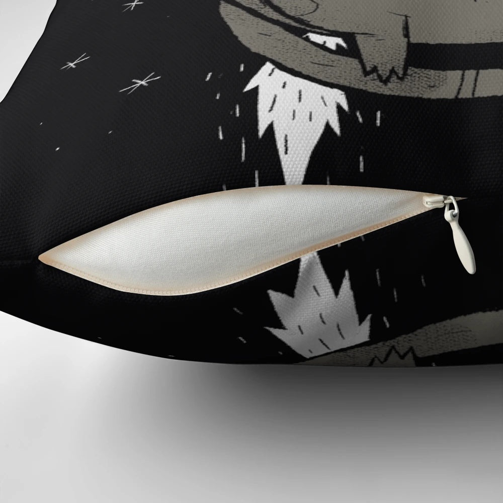 A cozy and whimsical space cat pillow with a cosmic, sci-fi design.